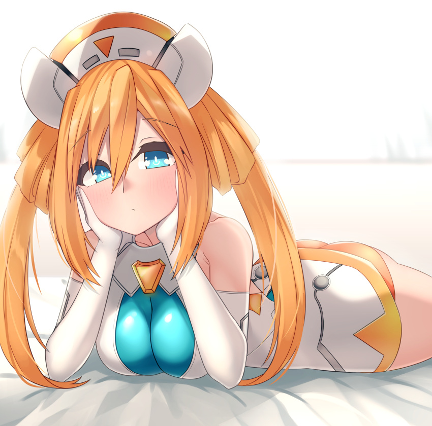 absurdres ass bare_shoulders blue_eyes blush breasts cleavage commission dura elbow_gloves female from_side gloves hair_between_eyes hair_rings hands_on_own_cheeks hands_on_own_face hat head_rest highres leotard long_hair looking_at_viewer lying neptune_(series) nurse_cap on_stomach orange_hair orange_heart_(neptunia) pixiv_commission power_symbol power_symbol-shaped_pupils shin_jigen_game_neptune_vii skin_tight sleeveless solo symbol-shaped_pupils twintails very_long_hair white_gloves white_leotard