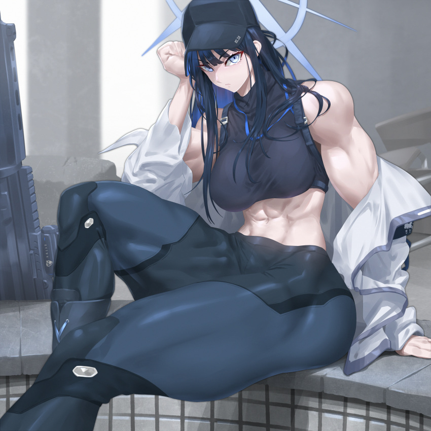 702_96 abs absurdres baseball_cap blue_archive blue_hair breasts commentary female frown grey_eyes gun hand_on_own_head hat highres jacket korean_commentary large_breasts long_hair looking_at_viewer muscular muscular_female open_clothes open_jacket saori_(blue_archive) sitting solo toned weapon