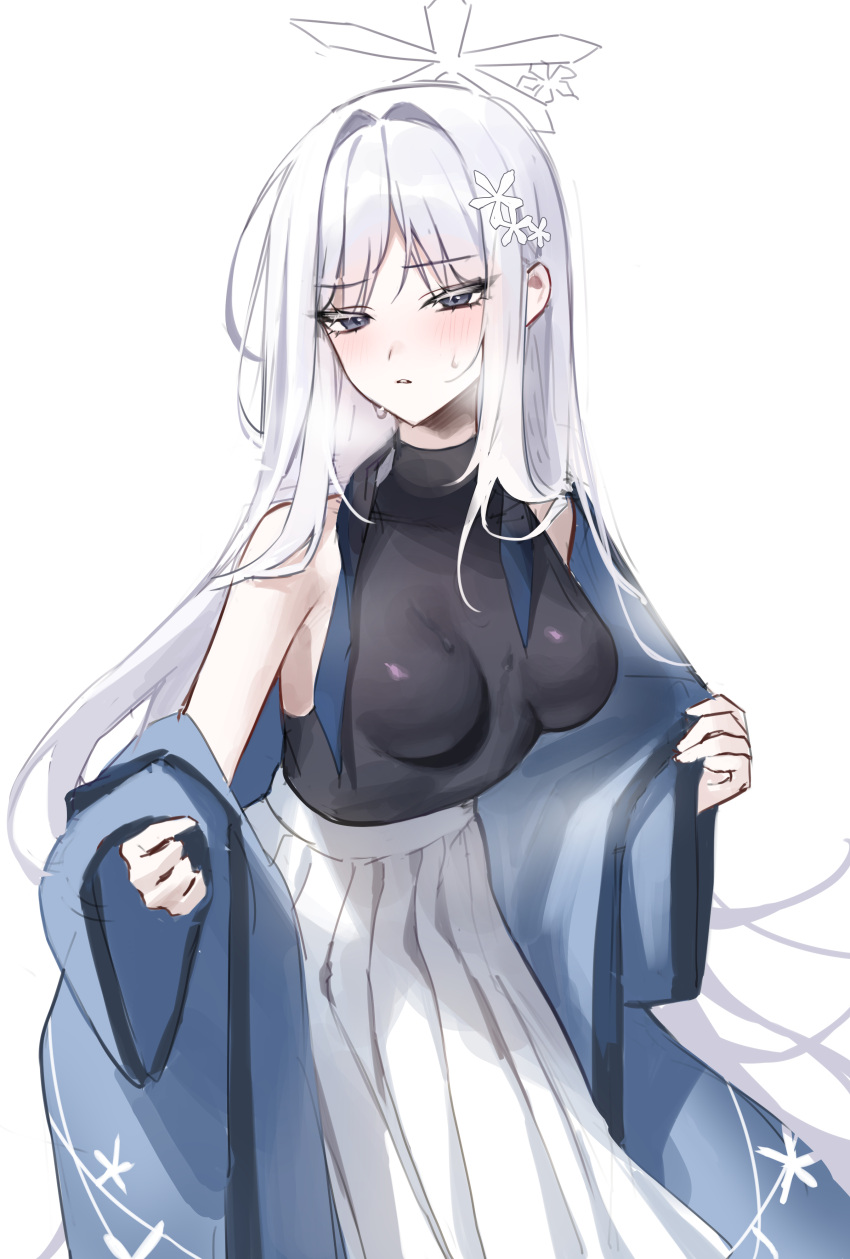 absurdres bad_anatomy blue_archive blush breasts female grey_eyes halo highres long_hair medium_breasts nagusa_(blue_archive) pleated_skirt raki_kr simple_background skirt solo white_background white_hair white_skirt