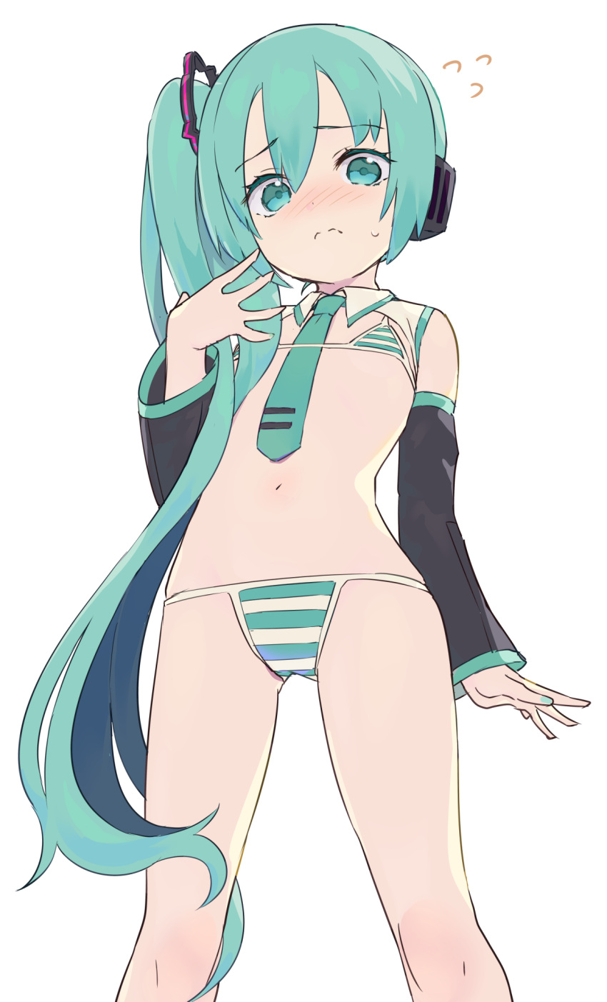 aqua_eyes aqua_hair ass_visible_through_thighs bikini breasts collar_bikini_miku_(meme) detached_sleeves eyelashes female flat_chest flying_sweatdrops hair_between_eyes hatsune_miku highres long_hair meme micro_bikini navel necktie nekoge side_ponytail simple_background small_breasts solo striped_bikini striped_clothes swimsuit vocaloid white_background