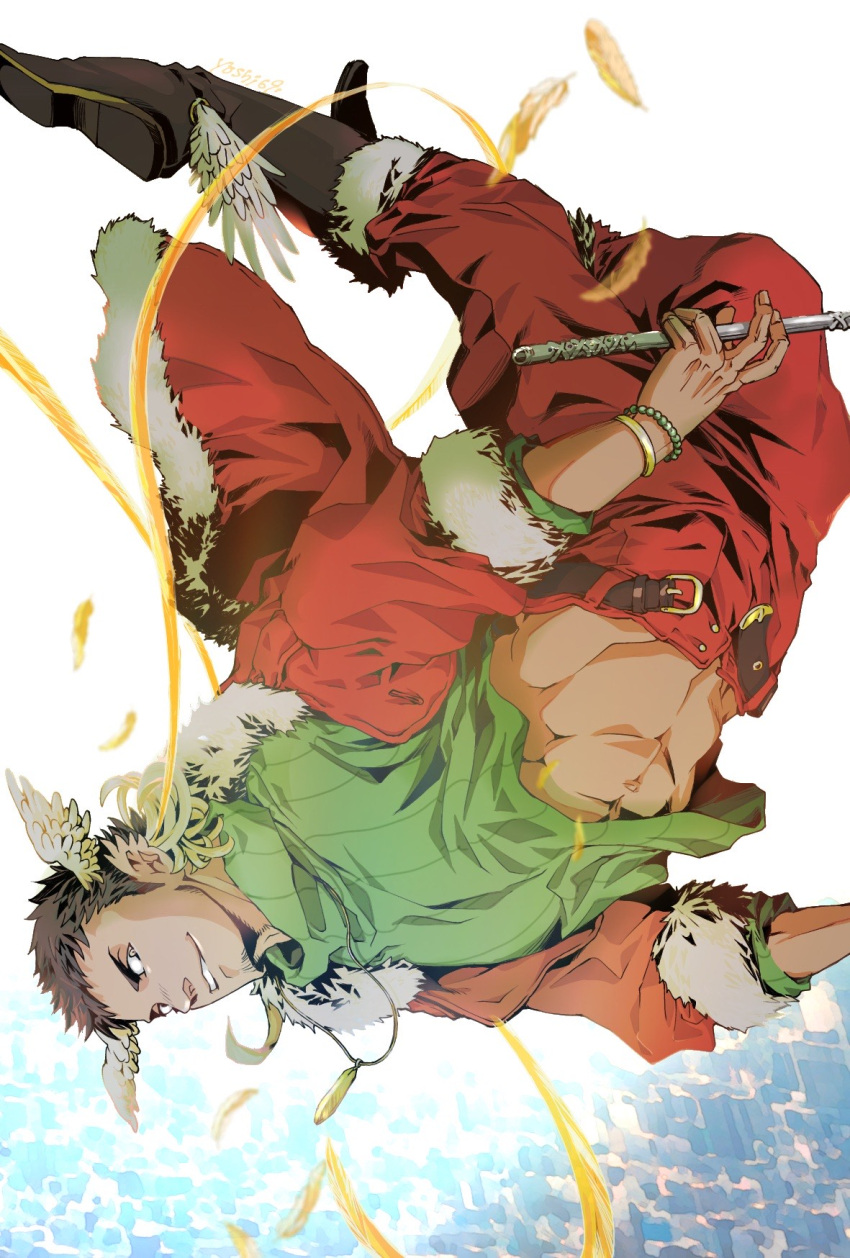 1boy abs animal_ears bara belt bird_ears boots brown_hair facial_hair falling_feathers feathers flute flying fur-trimmed_jacket fur_trim goatee_stubble gold_bracelet green_sweater head_wings hermes_(housamo) highres holding holding_flute holding_instrument instrument jacket jewelry looking_at_viewer male_focus midriff_peek navel open_belt open_clothes open_fly open_jacket pants pendant red_pants short_hair signature smile solo stubble sweater tokyo_afterschool_summoners toned toned_male turtleneck turtleneck_sweater upside-down wings yoshiyuki_(nein69yoshiyuki)