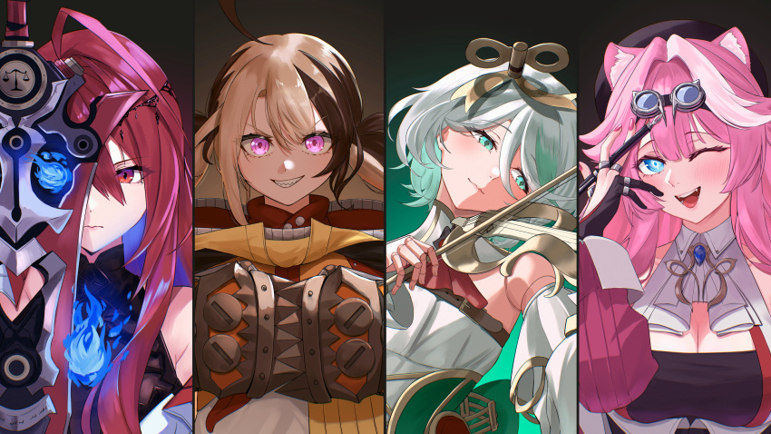 4girls ;d absurdres ahoge animal_ear_fluff animal_ears ascot beret blue_eyes blue_fire blue_hair blush breasts cecilia_immergreen cleavage colored_inner_hair eipanguino elizabeth_rose_bloodflame fangs fire gigi_murin gradient_background greatsword green_eyes green_hair grey_hair hair_intakes hair_ornament hat highres holding_chisel holojustice hololive hololive_english huge_ahoge large_breasts long_hair looking_at_viewer multicolored_hair multiple_girls nail_polish one_eye_closed panther_ears panther_girl pink_hair pink_nails raora_panthera red_eyes red_hair serious short_hair smile streaked_hair sword teeth two-tone_hair upper_body very_long_hair virtual_youtuber weapon white_ascot wing_collar