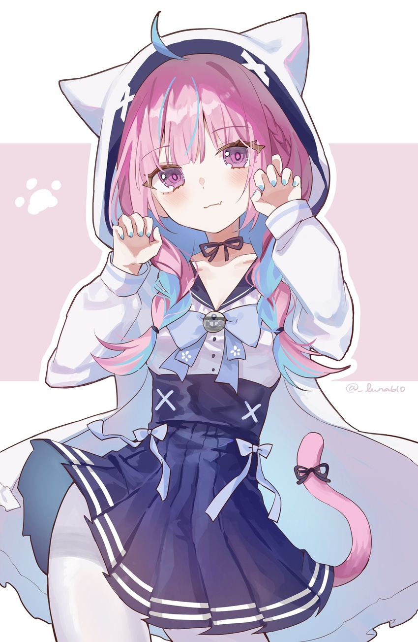 :3 ahoge animal_ear_hood animal_ears animal_hood black_ribbon blue_bow blue_bowtie blue_hair blue_nails blue_sailor_collar blue_skirt blunt_bangs blush bow bow_skirt bowtie braid cat_tail closed_mouth collarbone colored_inner_hair commentary cowboy_shot dot_nose fake_animal_ears female fingernails hands_up high-waist_skirt highres hololive hood hood_up hooded_jacket jacket long_sleeves looking_at_viewer low_twin_braids luna_(luna610) minato_aqua minato_aqua_(sailor) multicolored_hair nail_polish neck_ribbon oerba_yun_fang pantyhose paw_pose paw_print pink_background pink_hair pleated_skirt purple_bow purple_eyes ribbon sailor_collar shirt skin_fang skirt smile solo streaked_hair symbol-only_commentary tail tail_ornament tail_ribbon twin_braids twitter_username two-tone_hair virtual_youtuber white_background white_jacket white_pantyhose white_shirt x