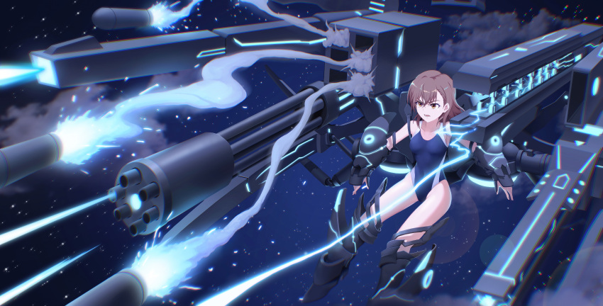 absurdres anti-art_attachment blue_one-piece_swimsuit brown_eyes brown_hair female gatling_gun highres medium_hair misaka_mikoto missile naeaemgung one-piece_swimsuit railgun smoke solo starry_background swimsuit toaru_kagaku_no_railgun toaru_majutsu_no_index tokiwadai_school_swimsuit