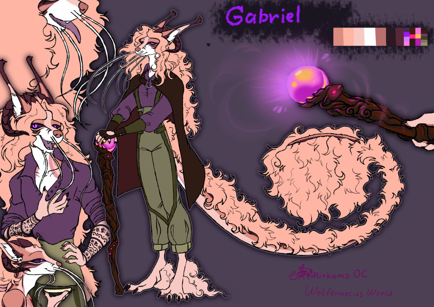 absurd_res anthro claws clothed clothing digital_media_(artwork) dragon eastern_dragon facial_hair fluffy fluffy_tail fur gabriel_(rinkamo) hair hi_res horn male mammal moustache mythological_creature mythological_scalie mythology purple_eyes rinkamo scalie simple_background smile solo tail tongue wolfennecus(world)