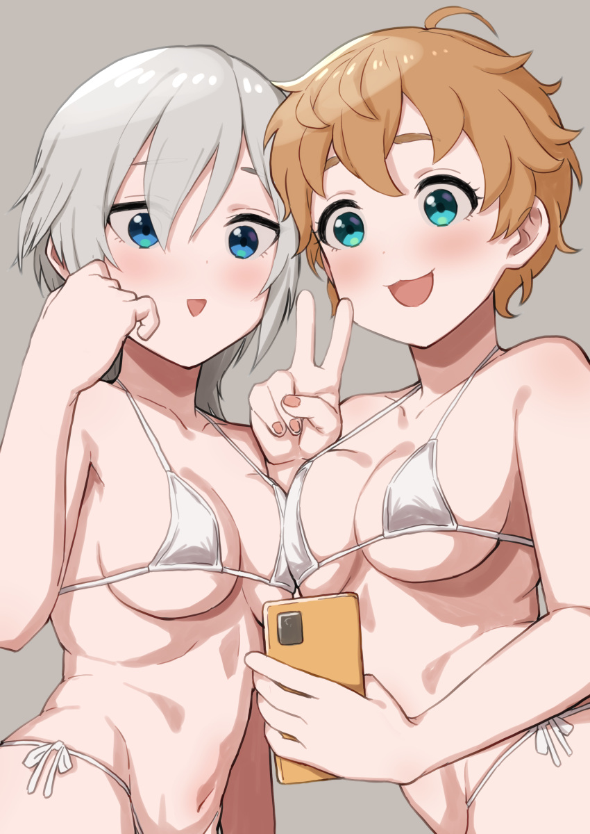 2girls :d absurdres anastasia_(idolmaster) aqua_eyes bikini blue_eyes blush breasts brown_hair cathy_graham chelle_ingham collarbone commentary_request grey_background grey_hair hair_over_one_eye highres idolmaster idolmaster_cinderella_girls long_hair medium_breasts multiple_girls open_mouth short_hair simple_background smile swimsuit v white_bikini