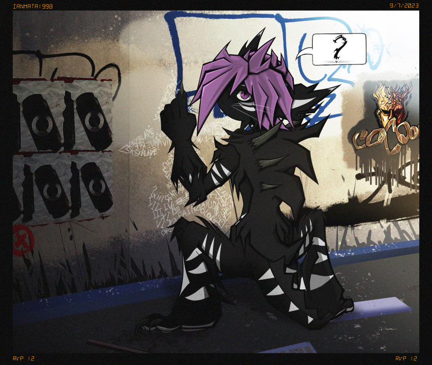 2000s_(media) black_body black_fur confusion deishun_(species) effects fan_character fin fin_hair fur graffiti graffiti_on_wall hair hi_res ianmata1998 kingdom_hearts_3 male monster poster pseudo_hair purple_eyes purple_fin purple_hair solo square_enix street tail the_world_ends_with_you