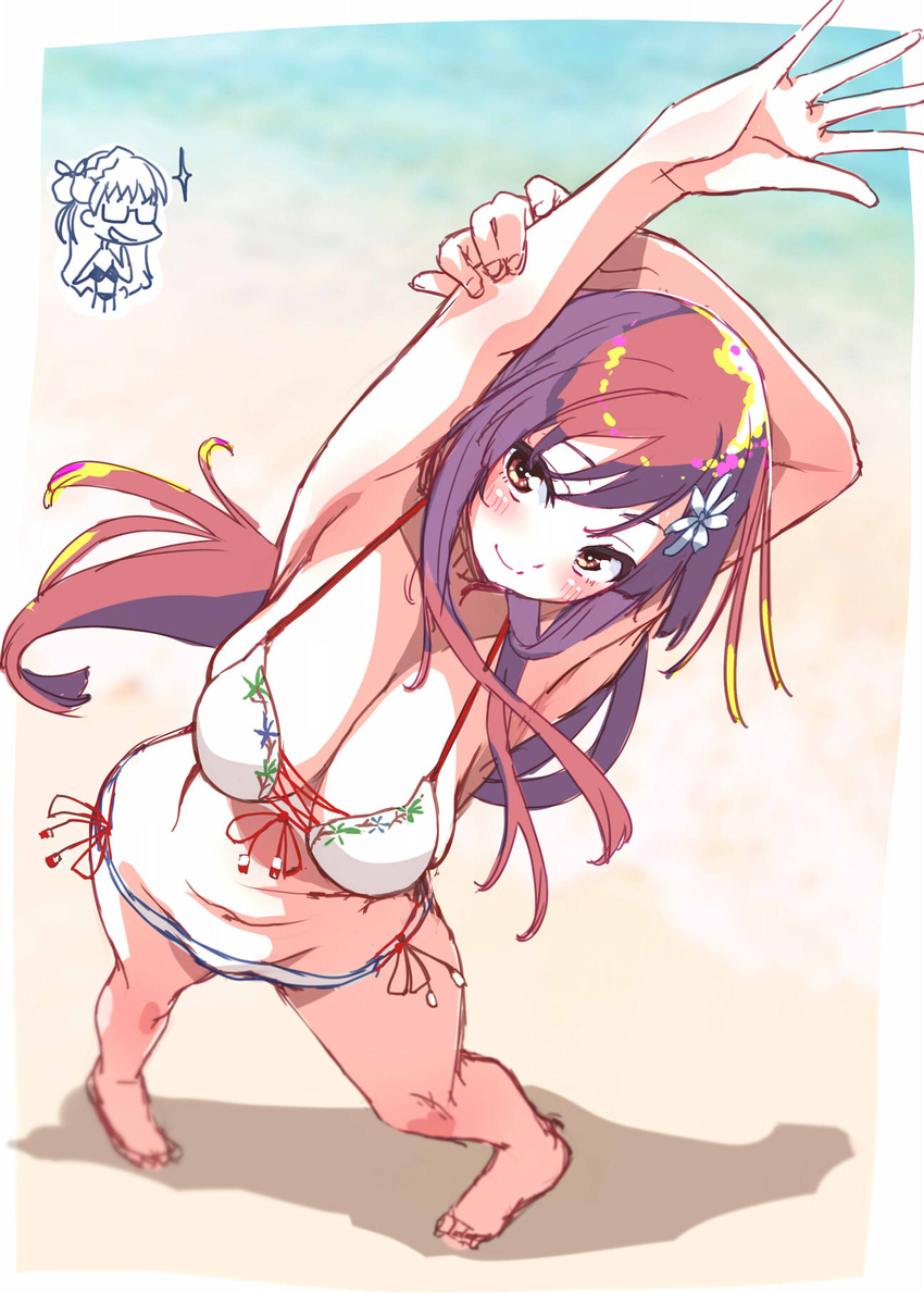 22/7 arms_up barefoot beach bikini blurry blush border breasts cleavage depth_of_field flower from_above hair_flower hair_ornament highres kisairo_kaede long_hair maruyama_akane red_eyes red_hair sato_reika sidelocks smile straight_hair swimsuit white_bikini white_border white_flower