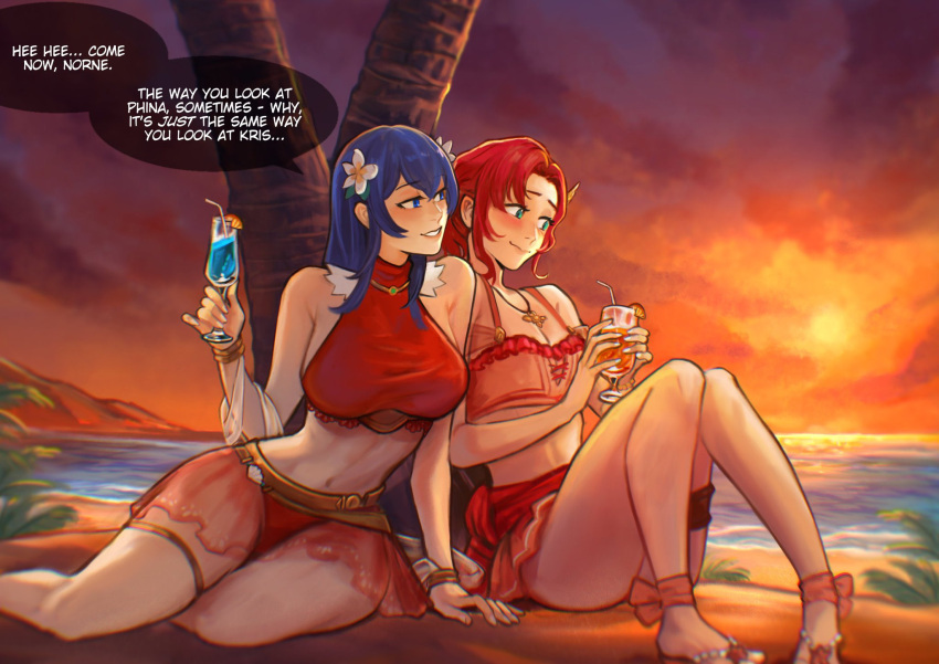 2girls aqua_eyes beach bikini blue_eyes blue_hair breasts caeda_(fire_emblem) caeda_(summer)_(fire_emblem) commentary commission cup english_commentary english_text fire_emblem fire_emblem:_new_mystery_of_the_emblem fire_emblem:_shadow_dragon fire_emblem_heroes flower hair_flower hair_ornament highres holding holding_cup large_breasts long_hair looking_at_another multiple_girls norne_(fire_emblem) norne_(summer)_(fire_emblem) official_alternate_costume palm_tree pink_bikini red_bikini red_hair sand sethkiel sitting smile speech_bubble sunset swimsuit tree white_flower