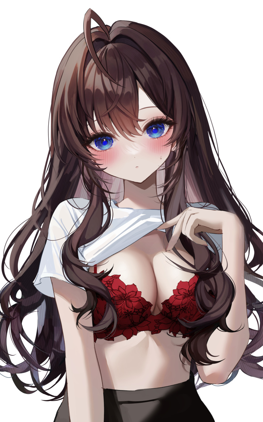 ahoge bad_id bad_pixiv_id black_skirt blue_eyes blush bra breasts brown_hair clothes_lift female highres ichinose_shiki idolmaster idolmaster_cinderella_girls kudou_(sikisiki0000) lifting_own_clothes long_hair looking_at_viewer medium_breasts navel red_bra shirt shirt_lift short_sleeves simple_background skirt solo t-shirt underwear white_background