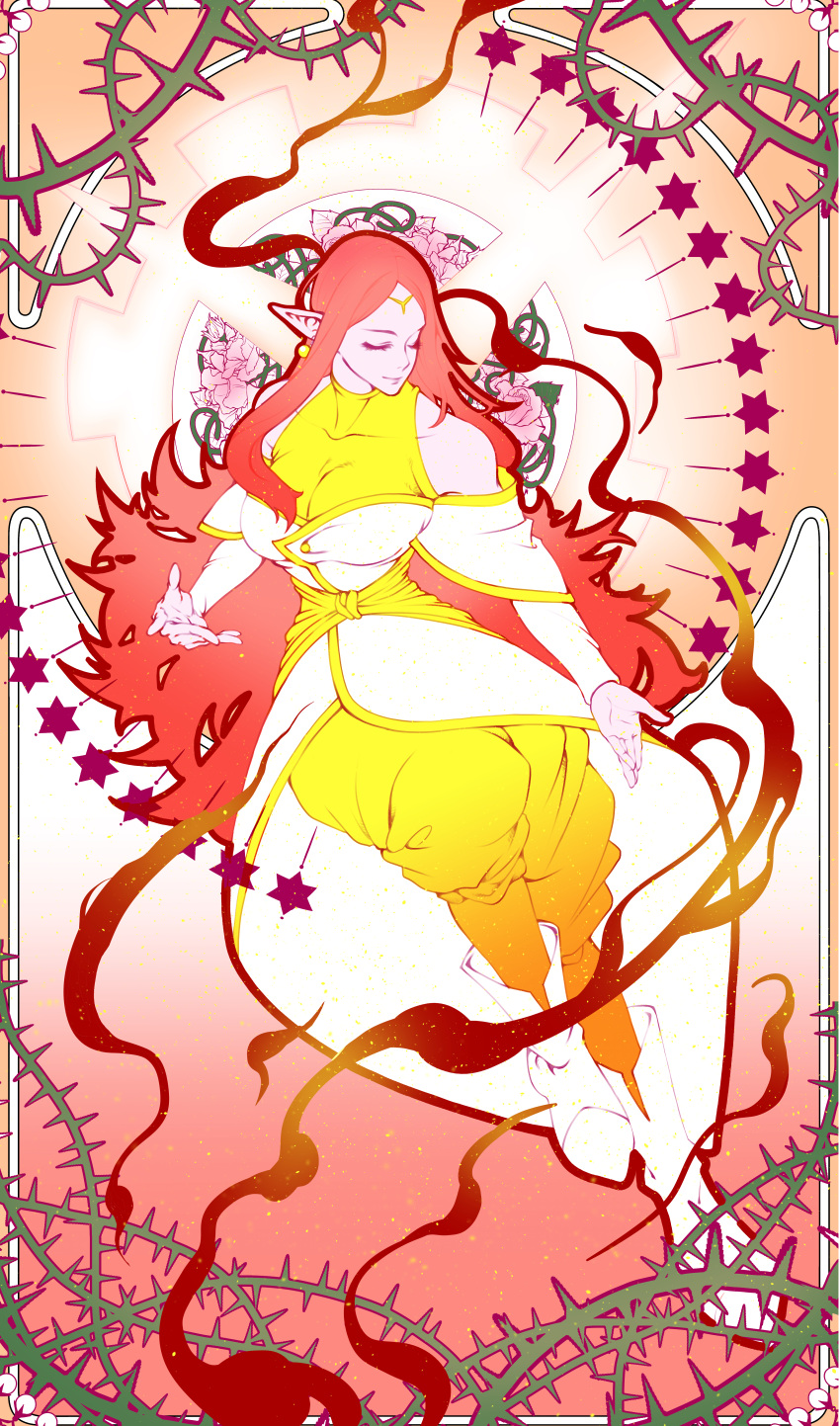 absurdres ankle_boots art_nouveau boots border breasts chronoa circlet clinrollmuri closed_eyes closed_mouth colored_skin detached_sleeves dragon_ball dragon_ball_heroes earrings female flower full_body gold_circlet halo highres jewelry large_breasts long_hair mechanical_halo off_shoulder open_hands ornate_border pants pink_hair pink_skin plant pointy_ears potara_earrings shirt sleeveless sleeveless_turtleneck solo tarot tarot_(medium) thorns turtleneck very_long_hair vines white_footwear yellow_pants yellow_shirt