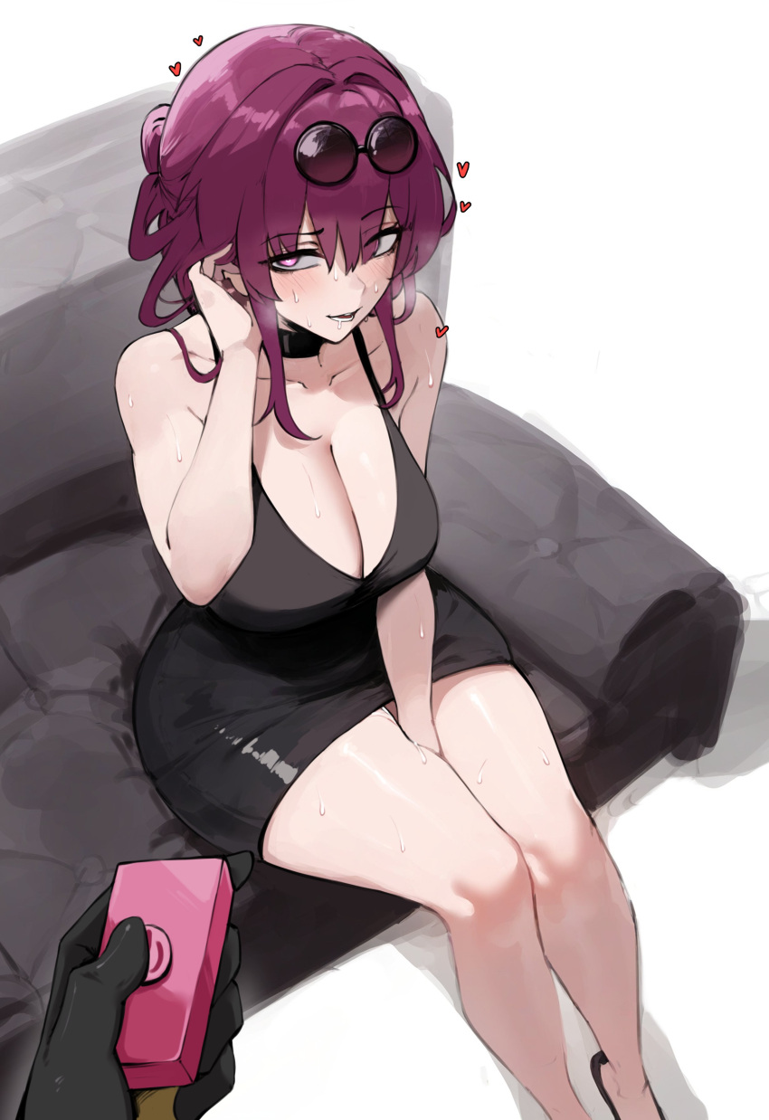 absurdres black_dress breasts couch dress eyewear_on_head female heart highres honkai:_star_rail honkai_(series) kafka_(honkai:_star_rail) large_breasts long_hair looking_at_viewer masoq on_couch purple_eyes purple_hair remote_control_vibrator sex_toy shirt solo_focus sunglasses sweat vibrator white_background