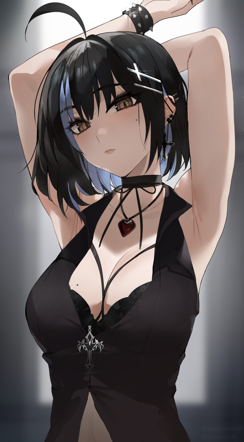 absurdres ahoge arm_behind_head arm_up armpits black_shirt blurry blurry_background bracelet breasts brown_eyes cleavage commentary english_commentary female highres irene_(kanniiepan) jewelry kanniiepan looking_at_viewer medium_breasts mole mole_on_breast mole_under_eye necklace original revision shirt short_hair sleeveless sleeveless_shirt solo spiked_bracelet spikes upper_body