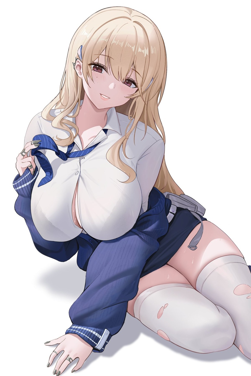 belt blonde_hair bra_visible_through_clothes breasts button_gap cardigan cbmus female goddess_of_victory:_nikke grin gyaru highres huge_breasts jewelry leaning_to_the_side loose_necktie miniskirt mole mole_under_eye nail_polish necktie ring school_uniform shirt sitting skindentation skirt smile solo sweat thighhighs thighs tia_(nikke) torn_clothes torn_thighhighs white_shirt white_thighhighs