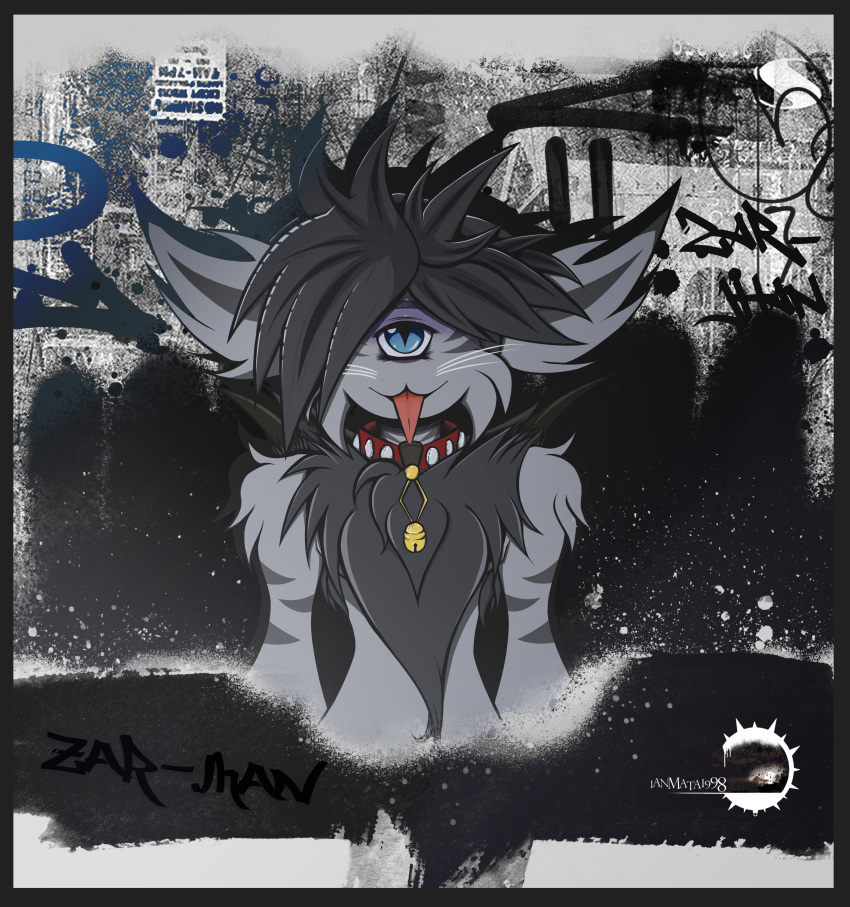 1_eye 2000s_(media) absurd_res bell bell_collar collar deishun_(species) fan_character fin fin_hair fur graffiti graffiti_on_wall grey_body grey_fin grey_fur hi_res ianmata1998 jewelry kingdom_hearts_3 male monster necklace poster pseudo_hair solo tired_eyes tired_look tongue tongue_out