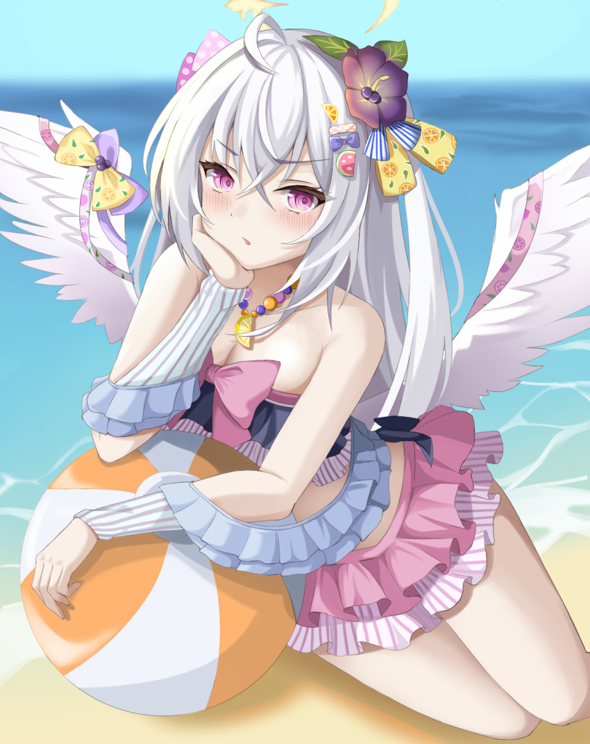 ahoge azusa_(blue_archive) azusa_(swimsuit)_(blue_archive) ball beach beachball bead_necklace beads bikini blue_archive blue_sky blush bow_on_wing commentary_request crossed_bangs day feathered_wings female flower food-themed_hair_ornament frilled_bikini frills hair_flower hair_ornament halo hand_up head_rest highres jewelry looking_at_viewer mokkon_doru necklace ocean official_alternate_costume open_mouth outdoors pink_bikini pink_eyes sky solo strapless strapless_bikini swimsuit watermelon_hair_ornament white_hair white_wings wings yellow_halo