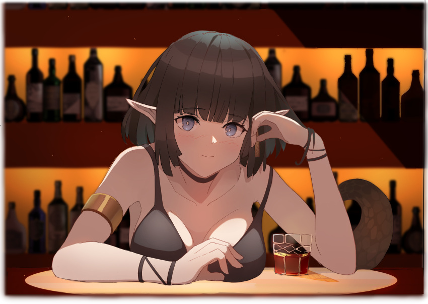 alcohol arknights arm_up armlet bar_(place) bare_shoulders black_choker black_hair black_shirt blue_eyes blurry blurry_background blush bottle breasts bright_pupils brown_tail choker closed_mouth commentary cup drink drinking_glass eunectes_(arknights) female fingernails gold_armlet hand_in_own_hair highres indoors kiso_(wjnomcuzqmdjcql) light_smile looking_at_viewer medium_breasts pointy_ears shirt short_hair sleeveless sleeveless_shirt solo spaghetti_strap split_mouth tail upper_body white_pupils