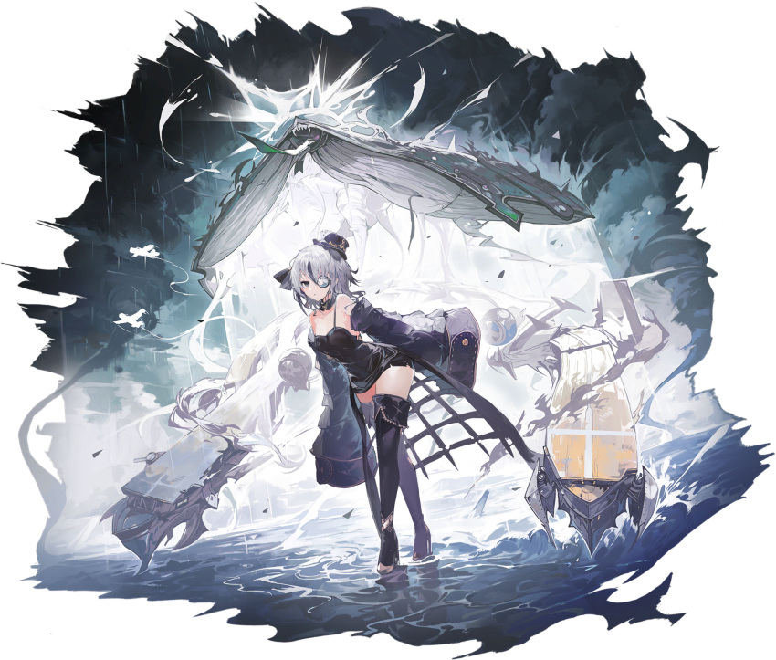 alchemaniac azur_lane bearn_(azur_lane) bearn_(meta)_(azur_lane) black_dress black_footwear black_hat boots breasts detached_sleeves dress eyepatch female flight_deck full_body grey_hair hat highres looking_at_viewer medium_breasts mini_hat multicolored_hair official_art purple_hair rigging short_dress short_hair sleeves_past_fingers sleeves_past_wrists solo spaghetti_strap streaked_hair thigh_boots two-tone_hair