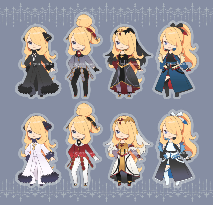 black_dress black_veil blonde_hair chibi coat cynthia_(pokemon) cynthia_(sygna_suit)_(aura)_(pokemon) cynthia_(sygna_suit)_(pokemon) cynthia_(sygna_suit)_(renegade)_(pokemon) dress fur-trimmed_coat fur_collar fur_trim gloves hair_bun hair_over_one_eye highres official_alternate_color official_alternate_costume official_alternate_hairstyle pokemon pokemon_masters_ex ponytail sakaralalala smile tiara veil