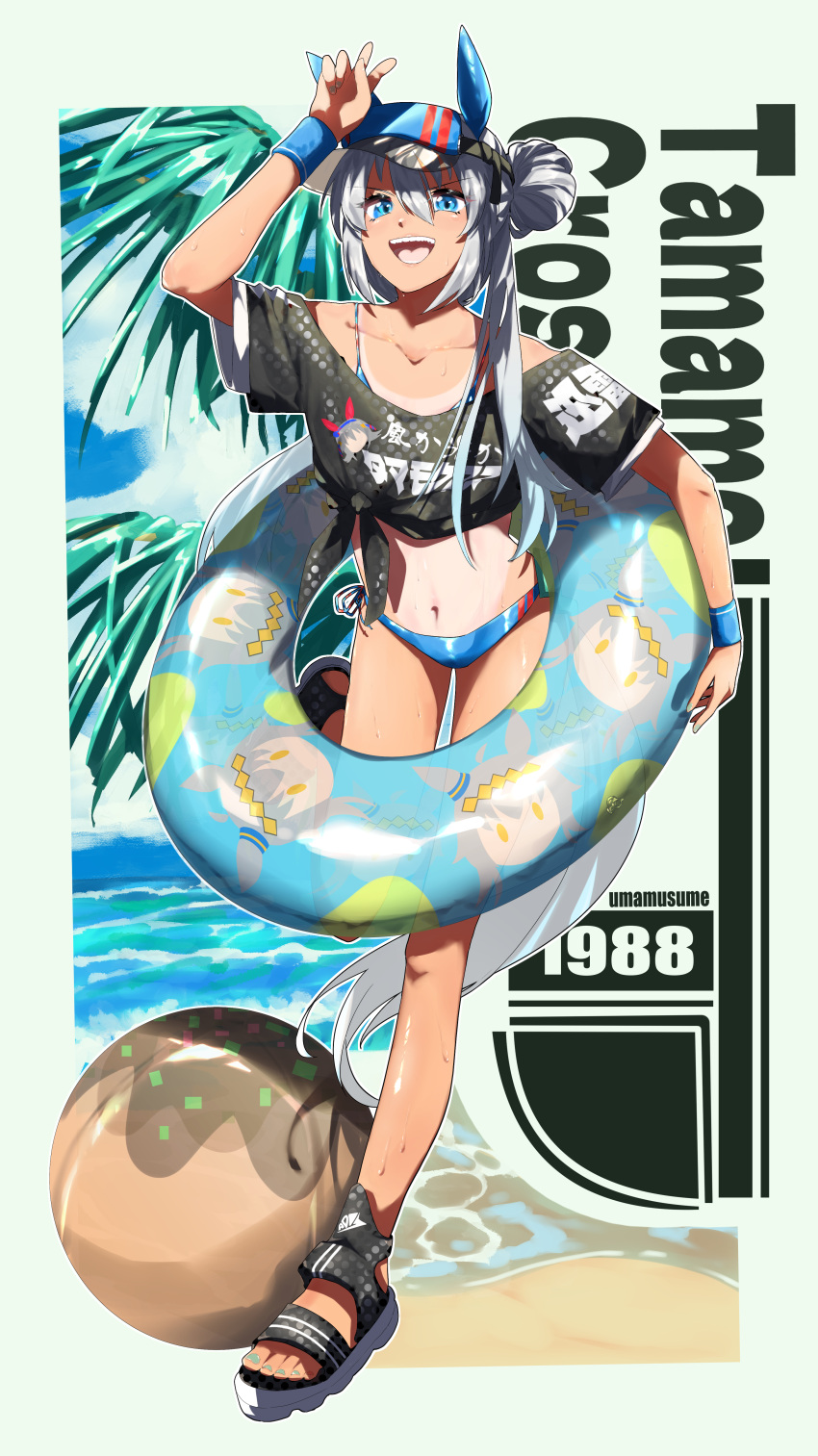 106staygold 1988 absurdres ball beach beachball bikini blue_eyes character_name chibi cloud collarbone female grey_hair hair_bun highres horizon horse_girl navel oguri_cap_(umamusume) open_mouth palm_leaf sandals side-tie_bikini_bottom single_side_bun sky solo sweat swim_ring swimsuit tamamo_cross_(umamusume) tan tanlines umamusume v visor_cap wristband