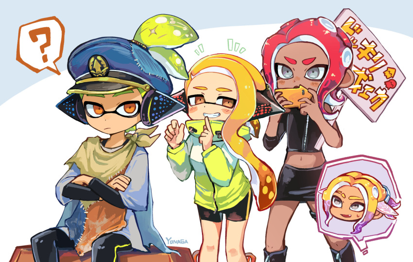 2boys 2girls :/ ? agent_3_(splatoon) agent_3_(splatoon_3) agent_4_(splatoon) agent_8_(splatoon) bike_shorts black_pants black_shirt black_shorts black_skirt blonde_hair blue_hat blush_stickers brown_eyes brown_scarf closed_mouth commentary_request crop_top crossed_arms dark-skinned_female dark_skin eyebrow_cut finger_to_mouth flat_chest green_hair green_jacket grey_eyes grey_shirt grin hair_tie hat headphones highres holding holding_phone holding_sign hood hood_down hooded_jacket inkling inkling_boy inkling_girl inkling_player_character jacket layered_shirt long_hair medium_hair midriff miniskirt multicolored_hair multiple_boys multiple_girls navel notice_lines octoling octoling_boy octoling_girl octoling_player_character orange_eyes orange_hair pants patchwork_clothes peaked_cap pencil_skirt phone placard purple_hair red_hair scarf shirt shorts shushing sign single_bare_shoulder single_sleeve sitting skirt smile speech_bubble splatoon_(series) splatoon_3 spoken_character spoken_question_mark suction_cups sweat tentacle_hair thick_eyebrows topknot translation_request two-tone_hair v-shaped_eyebrows wavy_hair yonaga_story