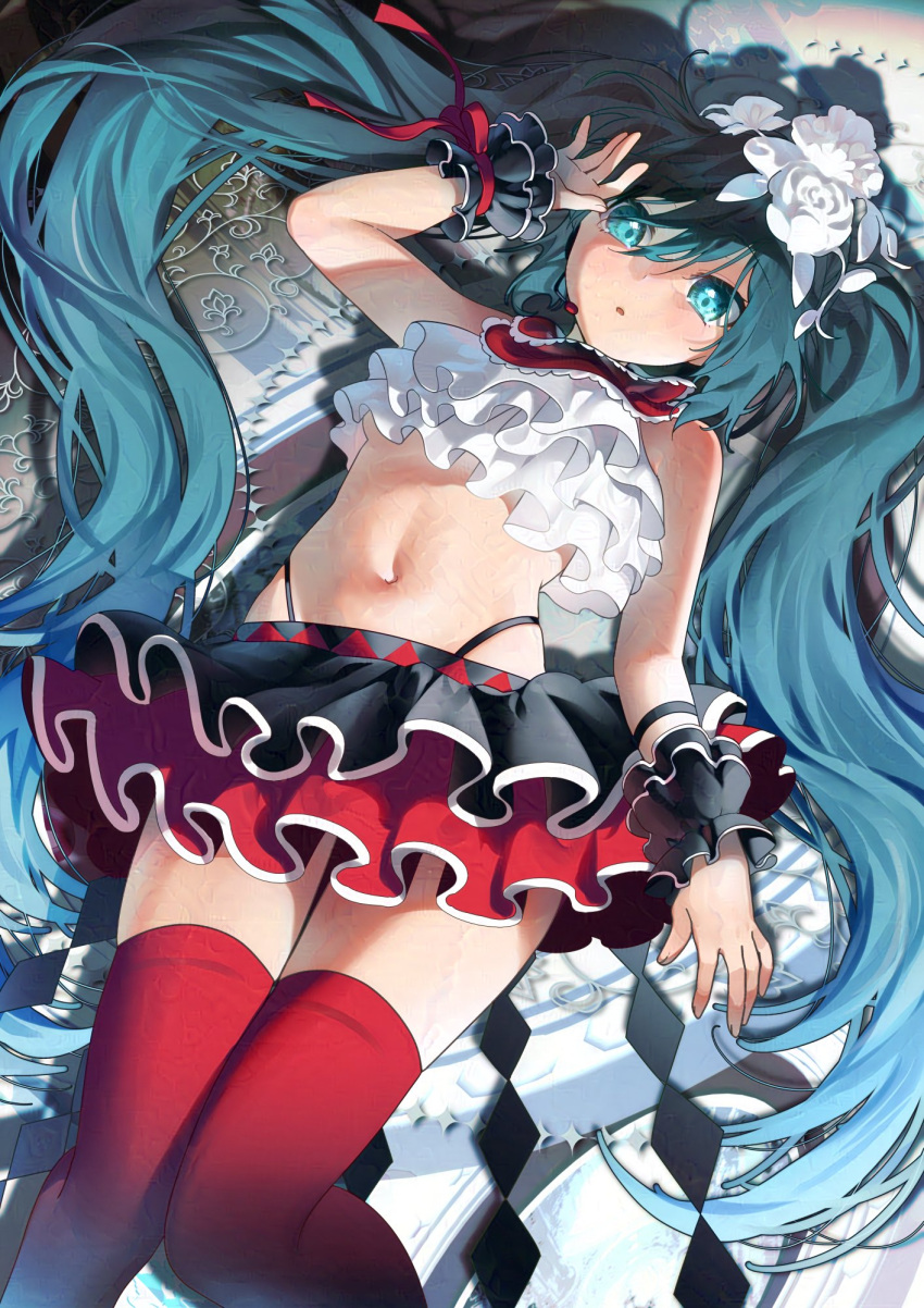 black_skirt bless_you_(module) commentary female flower glaze_artifacts green_eyes green_hair hair_between_eyes hair_flower hair_ornament hatsune_miku highres kirisaki_shuusei long_hair looking_at_viewer lying navel nisoku_hokou_(vocaloid) on_back open_mouth project_diva_(series) red_thighhighs skirt solo thighhighs twintails very_long_hair vocaloid white_flower