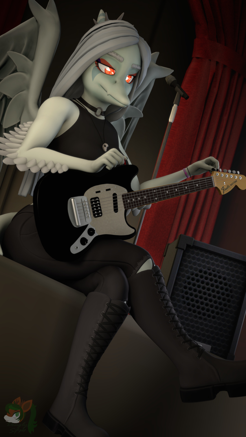 3d_(artwork) 4k 9:16 absurd_res amplifier anthro boots clothing digital_media_(artwork) dinosaur donglysfm electronics extinct fang_(gvh) female fender_musical_instruments_corporation fender_mustang footwear goodbye_volcano_high guitar hi_res humbucker microphone musical_instrument plucked_string_instrument prehistoric_species pterodactylus pterosaur reptile revamped_anthros scalie solo source_filmmaker_(artwork) stage string_instrument wings