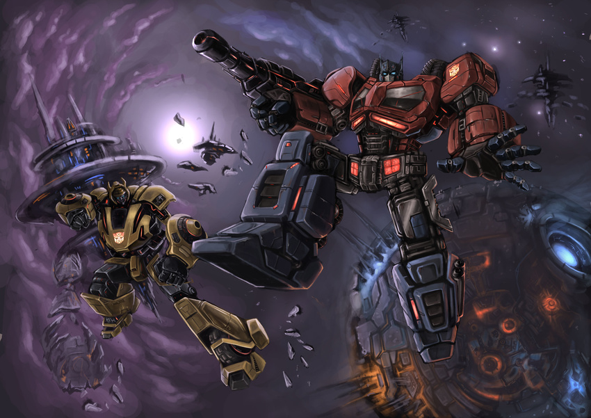 absurdres autobot bumblebee_(transformers) chinese_commentary commentary_request cybertron duan_henglong glowing gun highres mecha no_humans photoshop_(medium) robot space transformers transformers:_war_for_cybertron weapon