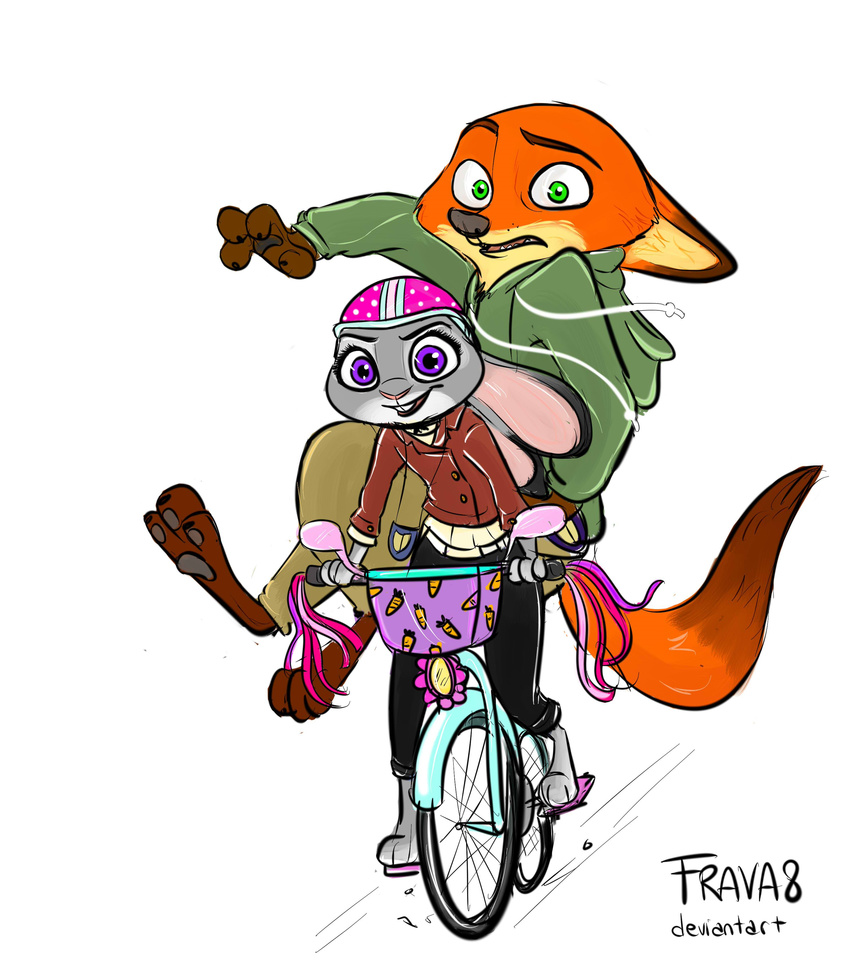 2017 absurd_res anthro bicycle canid canine clothing cycling disney duo female fox frava8 fur green_eyes grey_body grey_fur hi_res judy_hopps lagomorph leporid male mammal nick_wilde orange_body orange_fur purple_eyes rabbit red_fox scared true_fox vehicle zootopia