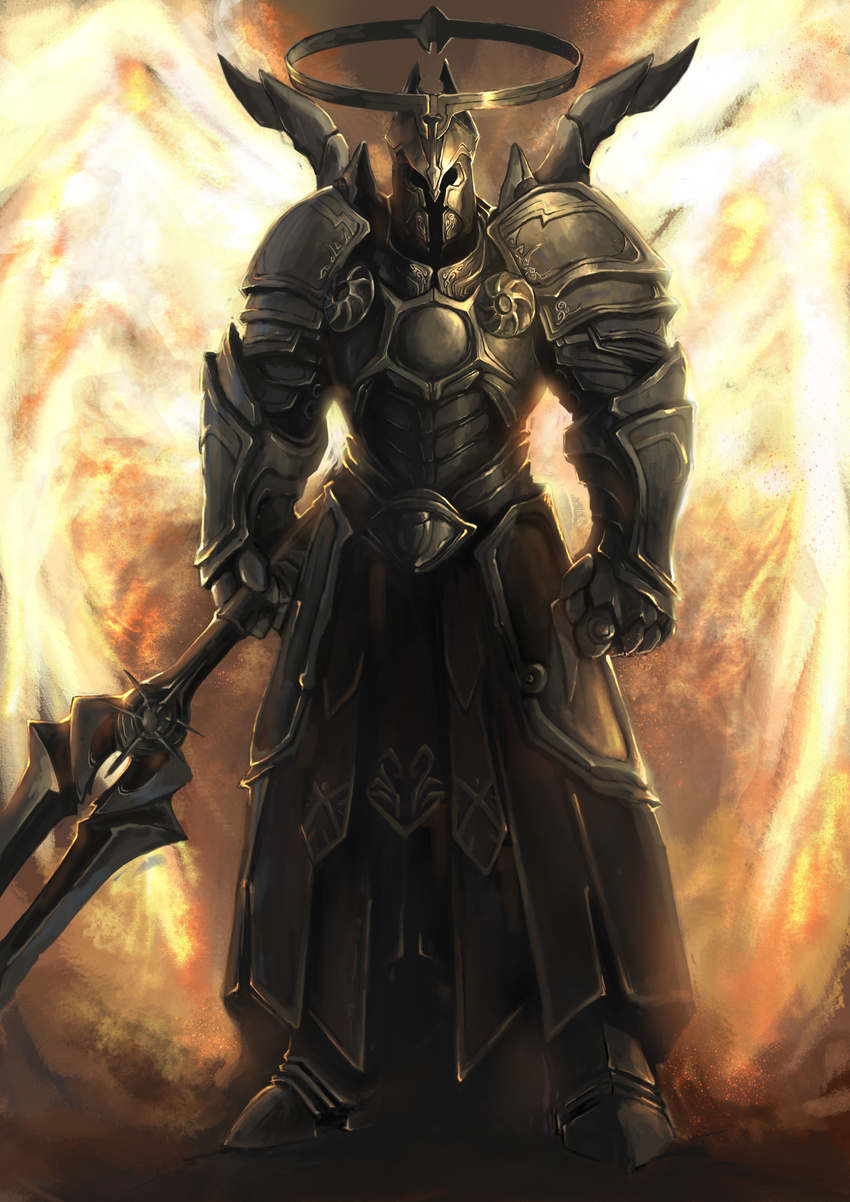 absurdres angel armor chinese_commentary commentary_request diablo diablo_(series) diablo_3 duan_henglong energy_wings full_armor gauntlets halo helmet highres imperius knight photoshop_(medium) solo sword weapon wings