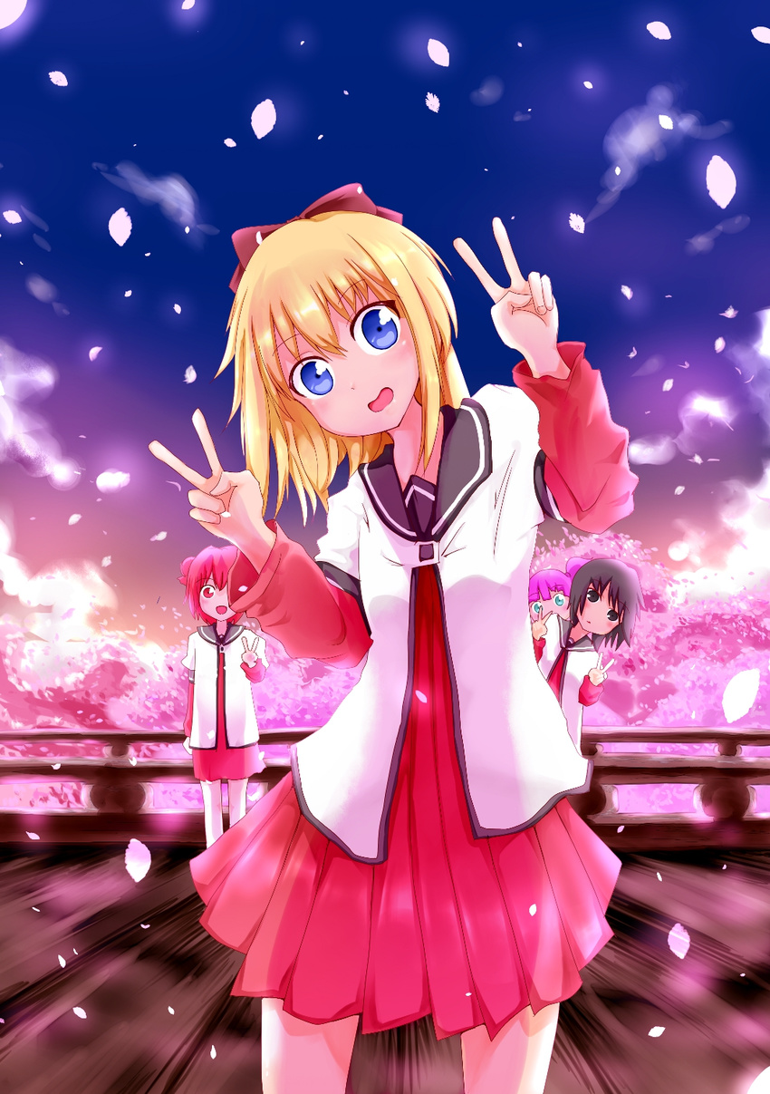 4girls akaza_akari black_eyes black_hair blonde_hair blue_eyes bow cherry_blossoms cloud double_bun double_v flower funami_yui green_eyes hair_bun hairbow head_tilt highres long_hair multiple_girls nanamori_school_uniform nefeli night night_sky no_nose open_mouth petals pink_hair pleated_skirt purple_eyes red_hair school_uniform serafuku short_hair single_hair_bun skirt sky smile toshinou_kyouko twintails v yoshikawa_chinatsu yuru_yuri