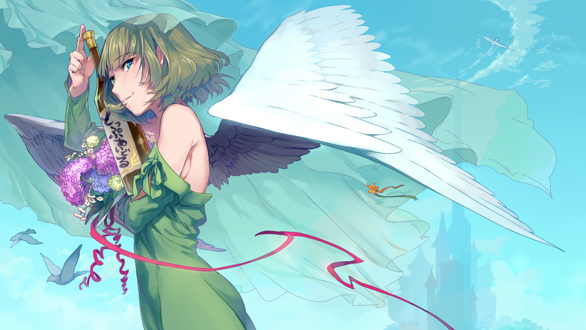 bare_shoulders bird blue_eyes blush bottle breasts brown_hair commentary_request feathered_wings female flower green_eyes heterochromia highres idolmaster idolmaster_cinderella_girls looking_at_viewer medium_breasts mole mole_under_eye nemeko sake_bottle short_hair solo takagaki_kaede wings