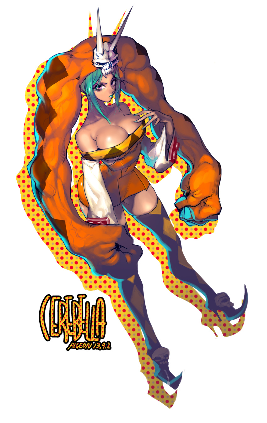 aqua_hair aqua_lipstick bare_shoulders breasts cerebella_(skullgirls) cleavage dark_skin dress eyeshadow full_body highres large_breasts lipstick living_clothes makeup md5_mismatch pigeon666 short_dress skullgirls thighhighs transparent_background vice-versa_(skullgirls)