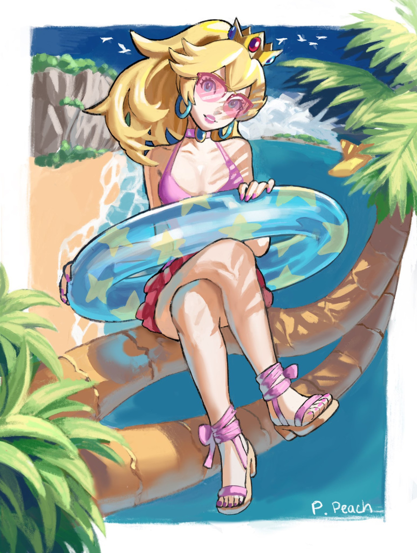 ankle_ribbon beach bikini blonde_hair blue_eyes breasts calilo choker cleavage commentary crown dappled_sunlight day earrings english_commentary female full_body gem head_tilt highres hoop_earrings in_tree innertube jewelry legs_crossed long_hair looking_at_viewer mario_(series) medium_breasts nail_polish nintendo ocean pink-tinted_eyewear pink-tinted_glasses pink_bikini pink_choker pink_nails ponytail princess_peach red_skirt ribbon sandals sitting skirt solo sunglasses sunlight swimsuit tinted_eyewear toenails tree