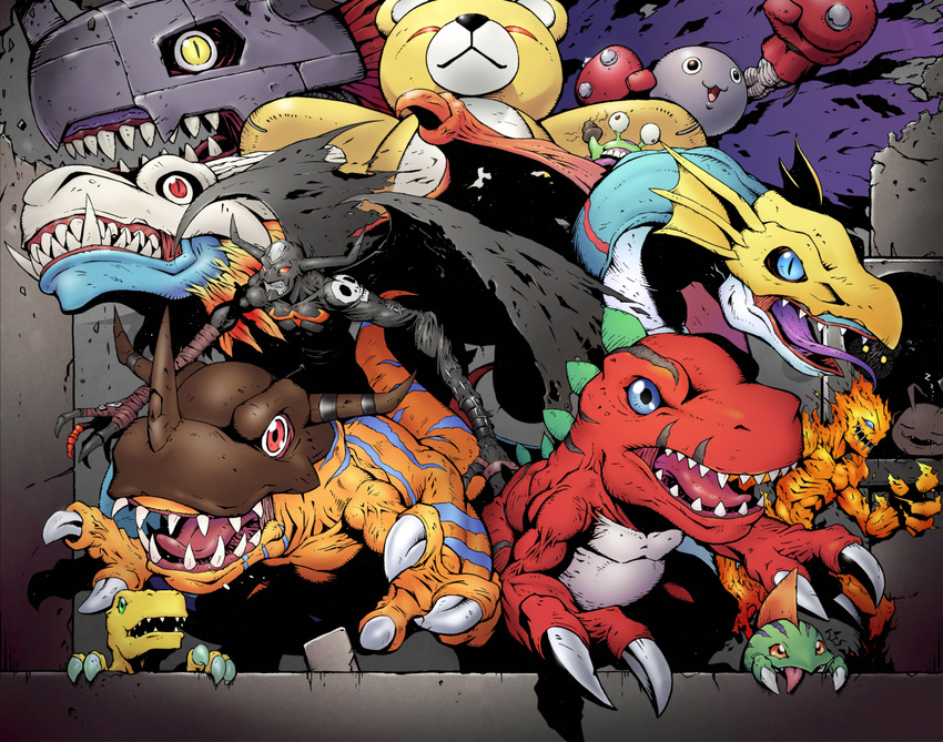 agumon airdramon antennae belt betamon black_eyes blue_eyes botamon boxing_gloves buckle claws closed_eyes commentary_request creature devimon digimon digimon_(creature) drooling fins green_eyes greymon grin helmet horns koromon mamemon meramon metalgreymon monster monzaemon no_humans numemon red_eyes sasasi seadramon sharp_teeth shit sleeping slit_pupils smile stitched_mouth stitches tail teeth tongue torn_wings tyranomon veins wings yellow_eyes