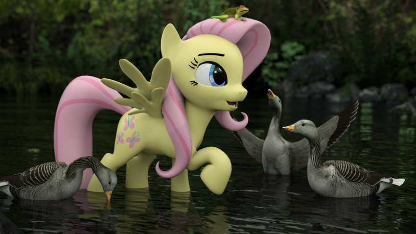 16:9 3d_(artwork) amphibian anatid anseriform anserinae avian bird cutie_mark digital_media_(artwork) equid equine female feral fluttershy_(mlp) friendship_is_magic frog goose greylag_goose group hair hasbro hi_res horse lake littlefisky mammal my_little_pony mythological_creature mythological_equine mythology pegasus pony solo_focus widescreen wings