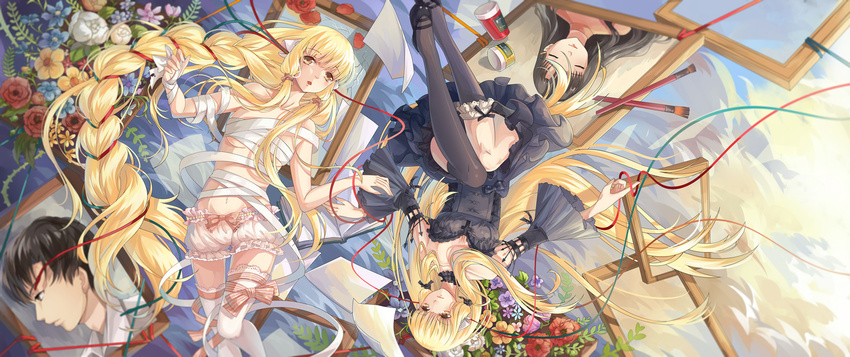 2girls asymmetrical_legwear bandages bare_shoulders black_dress black_legwear blonde_hair bloomers blurry bouquet braid brush cable chii chobits choker commentary dahuzi_shushu depth_of_field detached_sleeves dress english_commentary floating flower flying_paper freya_(chobits) frills gothic_lolita hibiya_chitose highres kneehighs lolita_fashion long_hair motosuwa_hideki multiple_girls paper petticoat picture_frame portrait_(object) robot_ears rotational_symmetry siblings single_braid sisters socks string thighhighs twins underwear uneven_legwear upside-down very_long_hair white_legwear zettai_ryouiki