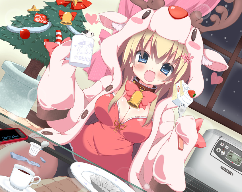 2012 :d bell bike_shorts blonde_hair blue_eyes blush breasts cellphone christmas christmas_tree cleavage collar commentary_request cream cup female hair_ornament heart holding hood hoodie kuronekogata long_hair looking_at_viewer medium_breasts neck_bell oerba_yun_fang open_mouth original phone plate sitting smile snowing solo table window