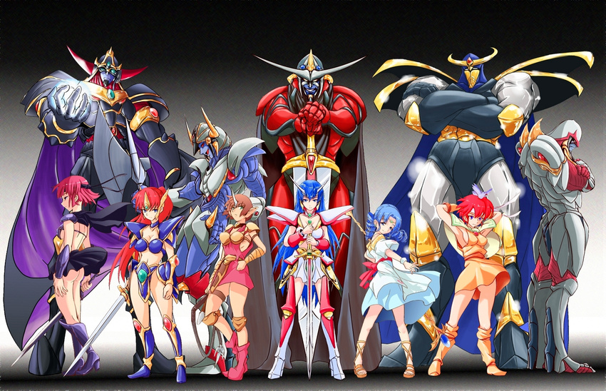 6+girls amu_yoshuna_brand armor asou_yuuko axe bare_shoulders bird blue_hair boots breasts cham_(valis) character_request cleavage commentary_request crossed_arms dark_valis drill_hair full_body grey_background grin hand_on_own_hip headband highres holding holding_sword holding_weapon kirishima_reiko knee_boots kooji_(macoji) lena_brand lineup long_hair machinery mecha medium_breasts mugen_senshi_valis multiple_girls navel pigeon-toed pink_footwear pink_hair pointy_ears ponytail red_hair robot short_hair sideboob simple_background size_difference smile standing sword twintails valis valna_(valis) weapon whip