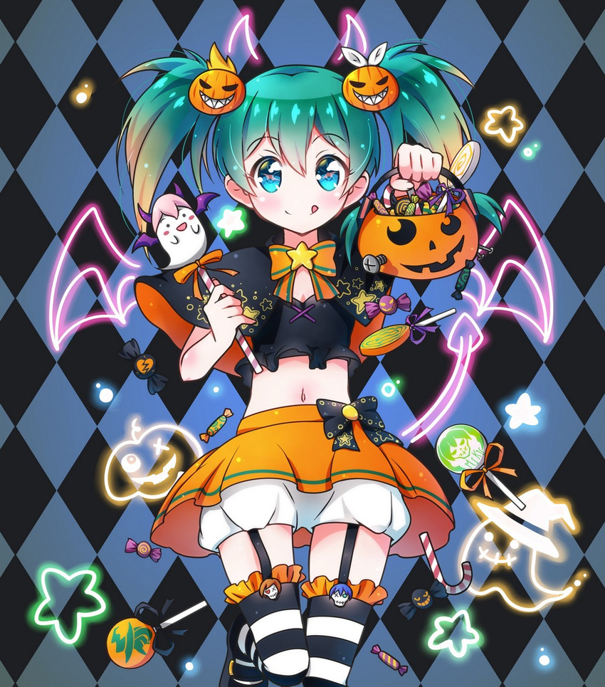 :q aqua_eyes argyle_background black_bow blush bow bowtie candy candy_cane checkered_background commentary_request cowboy_shot crop_top fake_tail female food fuusen_neko garter_straps ghost ghost_print green_hair hair_ornament halloween halloween_bucket halloween_costume hatsune_miku highres horns jack-o'-lantern jack-o'-lantern_hair_ornament jack-o'-lantern_print kagamine_len kagamine_rin kaito_(vocaloid) licking_lips lollipop looking_at_viewer megurine_luka meiko_(vocaloid) midriff navel orange_bow orange_bowtie orange_skirt photoshop_(medium) skirt smile solo star_(symbol) star_print striped_bow striped_bowtie striped_clothes striped_thighhighs swirl_lollipop tail thigh_gap thighhighs tongue tongue_out twintails vocaloid wing_print