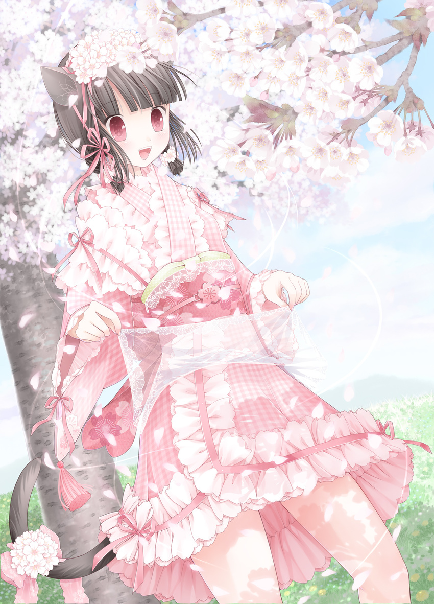 animal_ears apron_basket black_hair cat_ears cat_tail cherry_blossoms commentary_request female flower hair_flower hair_ornament hair_ribbon highres japanese_clothes kanzaki_miku kimono kimono_skirt kuroinu lace lolita_fashion obi original outdoors petals purple_eyes revision ribbon sash short_hair solo tail tail_ornament tail_ribbon wa_lolita white_flower