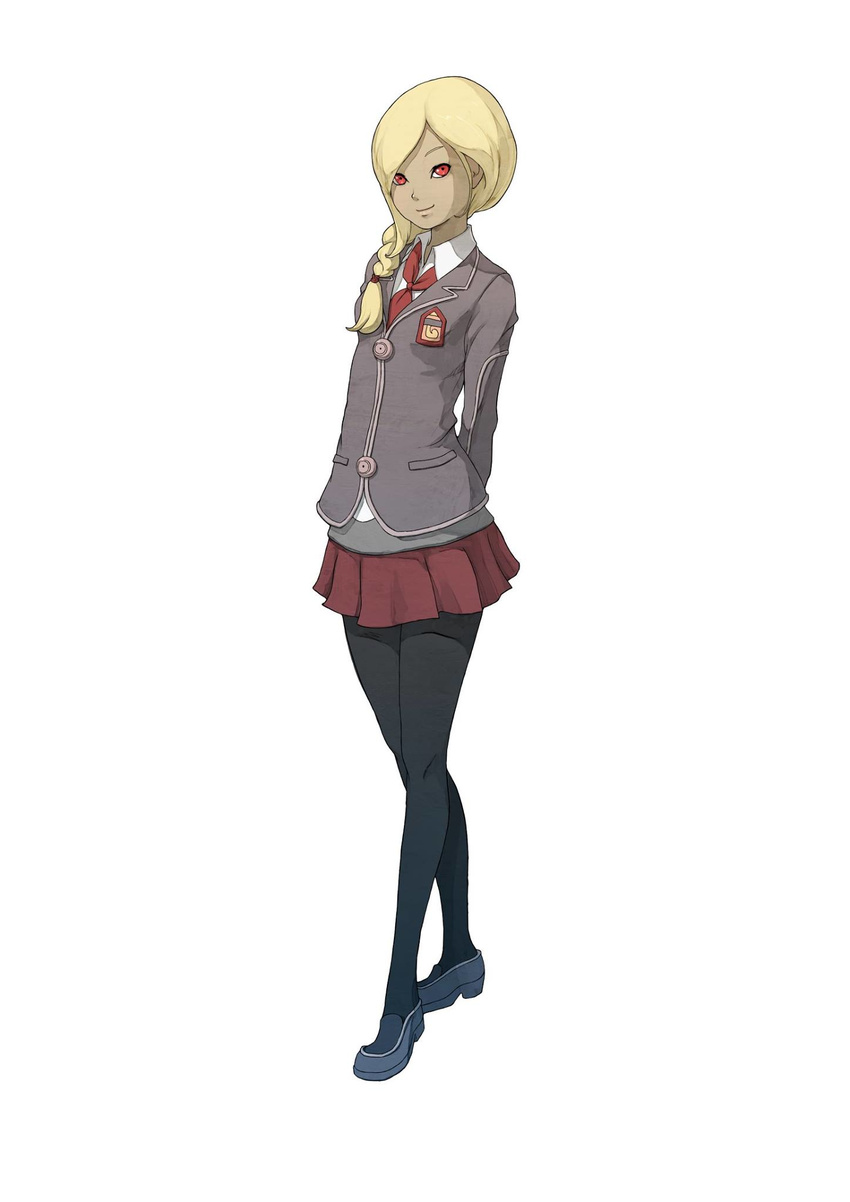 alternate_costume alternate_hairstyle arms_behind_back blonde_hair braid dark-skinned_female dark_skin female full_body gravity_daze gravity_daze_2 highres kitten_(gravity_daze) looking_at_viewer official_art pantyhose red_eyes saitou_shunsuke school_uniform skirt smile solo standing