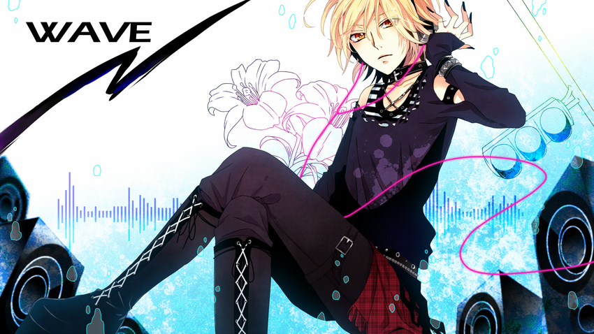 96neko bad_id bad_pixiv_id blonde_hair boots collar female headphones highres indie_utaite nail_polish satou_iruno solo studded_bracelet utaite vocaloid wave_(vocaloid)