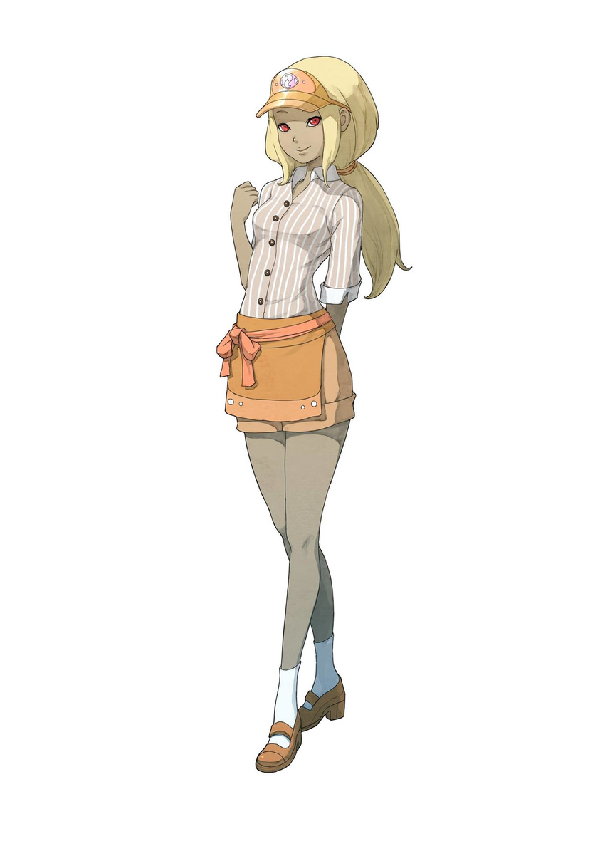 alternate_costume alternate_hairstyle apron blonde_hair dark-skinned_female dark_skin dress_shirt employee_uniform fast_food_uniform female full_body gravity_daze gravity_daze_2 highres kitten_(gravity_daze) looking_at_viewer official_art open_collar ponytail red_eyes saitou_shunsuke shirt shorts smile solo standing uniform visor_cap waitress