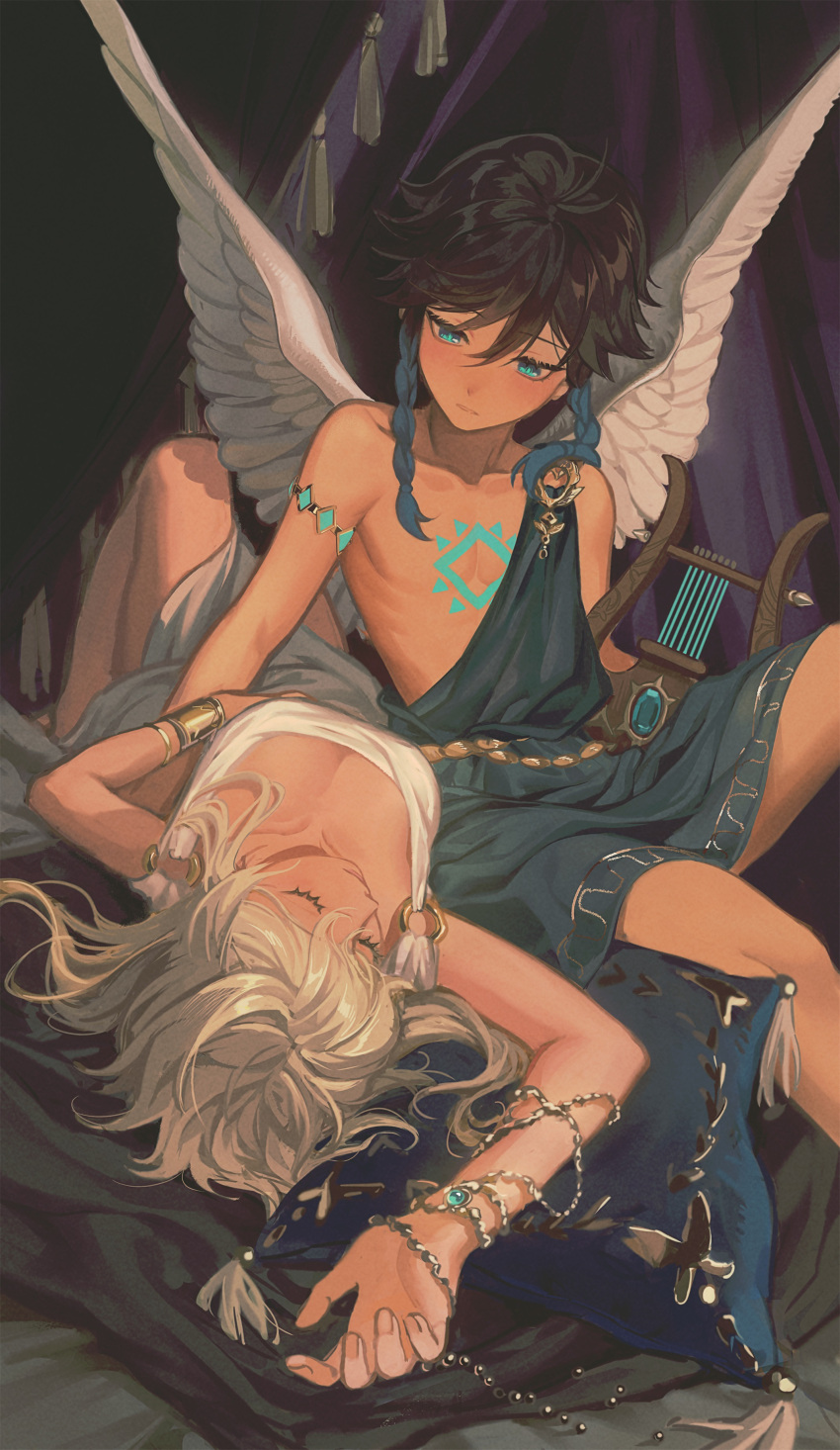 1boy absurdres alternate_costume ancient_greek_clothes angel_wings aqua_eyes armlet bed_sheet black_hair blonde_hair blue_hair bracelet bracer braid chest_tattoo closed_eyes closed_mouth curtains dress feathered_wings feet_out_of_frame female fridaynightcat genshin_impact greco-roman_clothes green_robe hair_between_eyes highres holding holding_instrument indoors instrument jewelry knee_up looking_at_another lumine_(genshin_impact) lying lyra_(instrument) no_nipples on_back on_bed peplos pillow robe short_hair short_hair_with_long_locks side_braids sitting sleeveless sleeveless_dress tattoo toga venti_(archon)_(genshin_impact) venti_(genshin_impact) white_dress white_wings wings