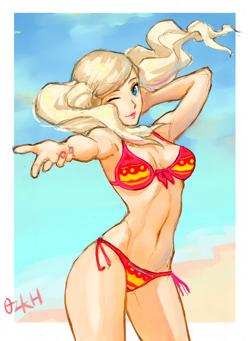 absurdres arm_up artist_name beach bikini blonde_hair blue_eyes blue_sky border breasts closed_mouth contrapposto female floating_hair highres long_hair medium_breasts medium_request navel official_alternate_costume one_eye_closed outstretched_arm ozkh persona persona_5 persona_5_scramble:_the_phantom_strikers pink_nails red_bikini red_lips side-tie_bikini_bottom sky solo stomach swimsuit takamaki_anne traditional_media twintails white_border