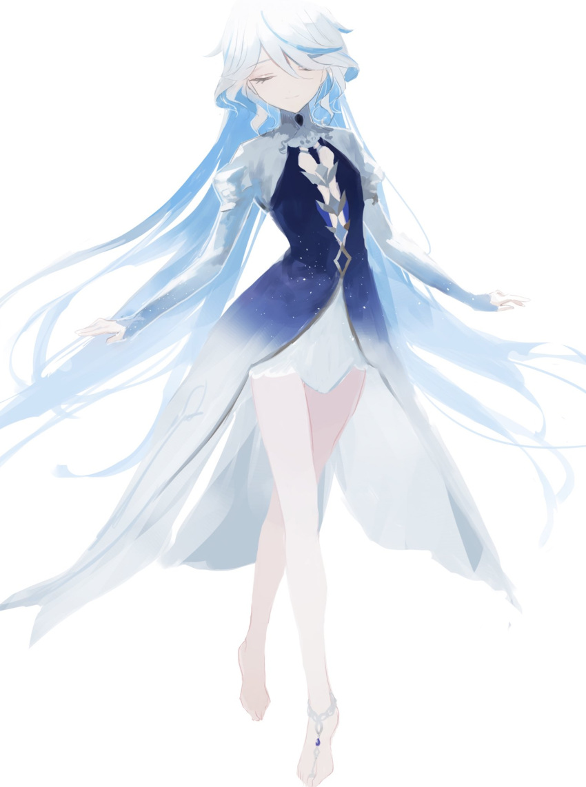 bare_legs barefoot barefoot_sandals_(jewelry) blue_hair closed_eyes closed_mouth crossed_legs dress female focalors_(genshin_impact) full_body genshin_impact grey_hair hair_between_eyes highres juliet_sleeves long_hair long_sleeves puffy_sleeves simple_background solo standing umenoume very_long_hair watson_cross white_background white_hair