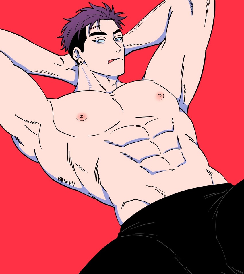 1boy :q abs armpits balnom bara ear_piercing highres jiseung_(balnom) large_pectorals lying male_focus mature_male muscular muscular_male navel nipples on_back original pectorals piercing purple_hair short_hair solo spread_legs stomach thick_eyebrows tongue tongue_out topless_male v-taper