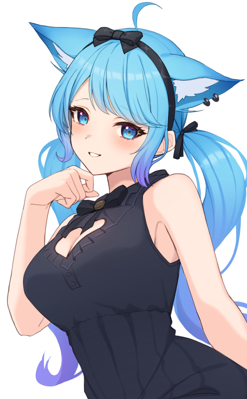 ahoge animal_ear_fluff animal_ear_piercing animal_ears black_bow black_bowtie black_dress black_hairband blue_eyes blue_hair blush bow bowtie breasts brooch cleavage cleavage_cutout clothing_cutout collared_dress commentary_request dog_ears dog_girl dress earrings female frilled_shirt_collar frills grin hairband hairbow hand_on_own_chin highres jewelry large_breasts long_hair looking_at_viewer low_twintails medium_bangs multiple_earrings nanashi_inc. nishino_eri official_alternate_costume paw_print simple_background sleeveless sleeveless_dress smile solo souya_ichika souya_ichika_(6th_costume) twintails upper_body virtual_youtuber white_background