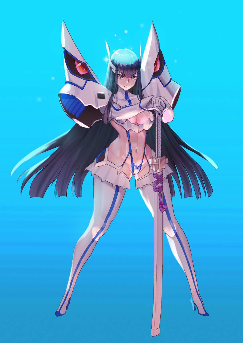 absurdres armor bakuzan black_hair blue_background boots breasts cameltoe cleavage collar female gloves groin hair_between_eyes highres holding holding_sword holding_weapon junketsu kill_la_kill kiryuuin_satsuki large_breasts liutiao long_hair looking_at_viewer micro_panties navel panties pauldrons revealing_clothes shoulder_armor simple_background skindentation slingshot_swimsuit sparkle sparkling_aura suspenders swimsuit sword thigh_boots thighhighs underwear weapon white_armor white_gloves white_thighhighs